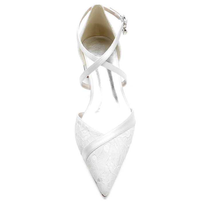 Chaussures de Mariage pour Femmes en Dentelle à Talon Bas et Bout Pointu avec Bride à la Cheville en Cristal