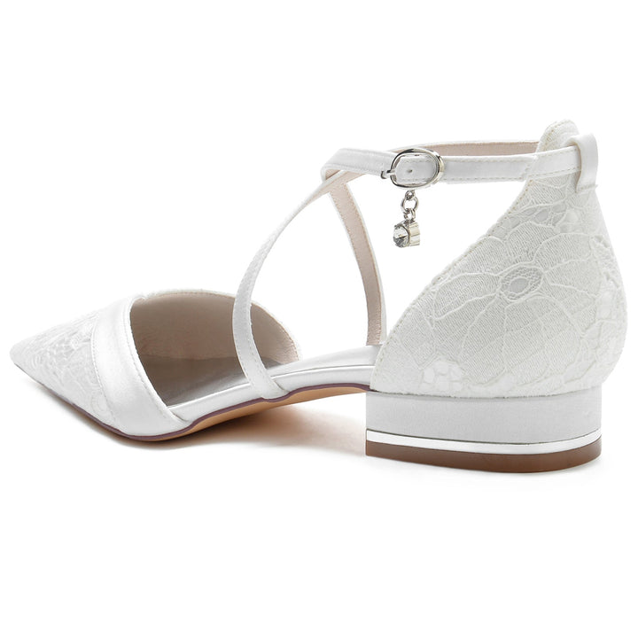 Chaussures de Mariage pour Femmes en Dentelle à Talon Bas et Bout Pointu avec Bride à la Cheville en Cristal