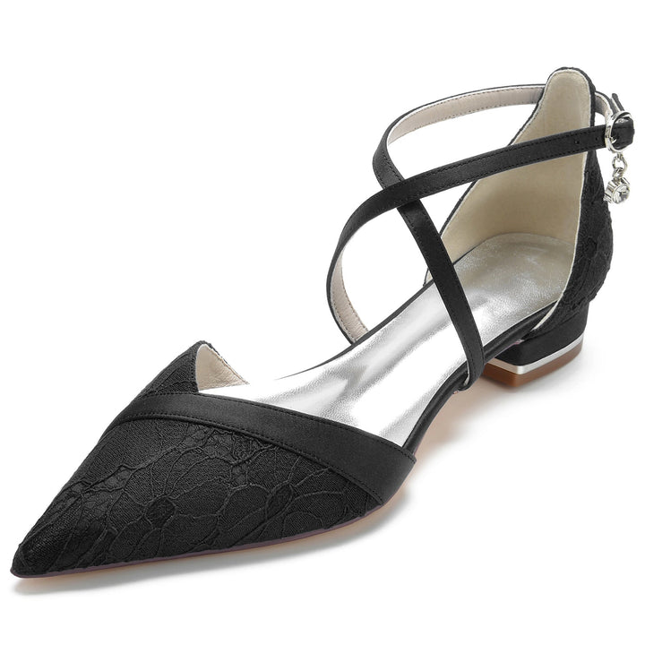 Chaussures de Mariage pour Femmes en Dentelle à Talon Bas et Bout Pointu avec Bride à la Cheville en Cristal