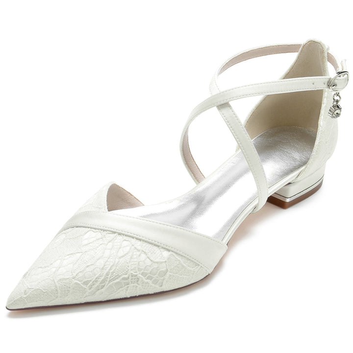 Chaussures de Mariage pour Femmes en Dentelle à Talon Bas et Bout Pointu avec Bride à la Cheville en Cristal