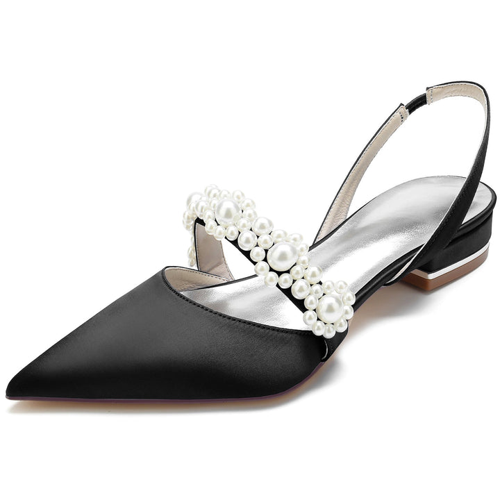 Chaussures de Mariage pour Femmes en Satin de Soie Blanc Perle Chaussures de Mariée à Bout Pointu et Boucle