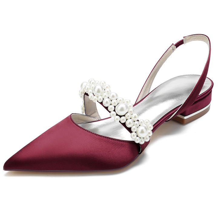Chaussures de Mariage pour Femmes en Satin de Soie Blanc Perle Chaussures de Mariée à Bout Pointu et Boucle