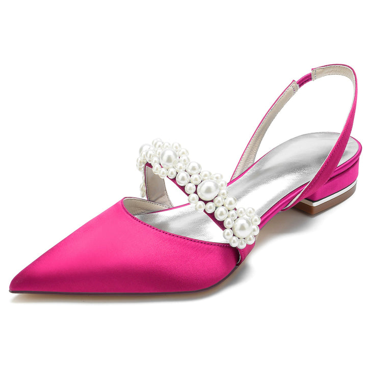 Chaussures de Mariage pour Femmes en Satin de Soie Blanc Perle Chaussures de Mariée à Bout Pointu et Boucle
