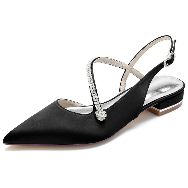 Chaussures de Mariage pour Femmes en Satin Cristal Talon Bas Bout Fermé Boucle Chaussures de Mariée
