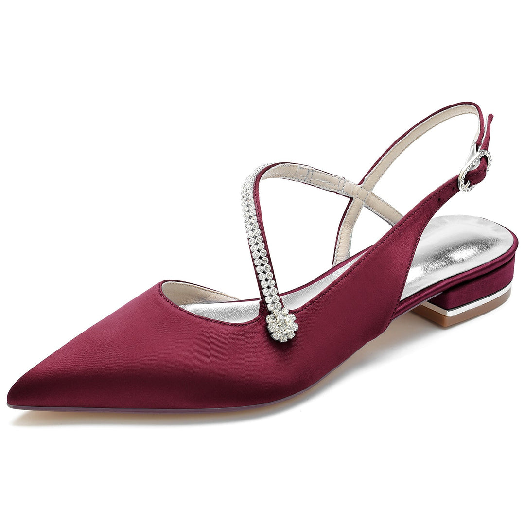 Chaussures de Mariage pour Femmes en Satin Cristal Talon Bas Bout Fermé Boucle Chaussures de Mariée