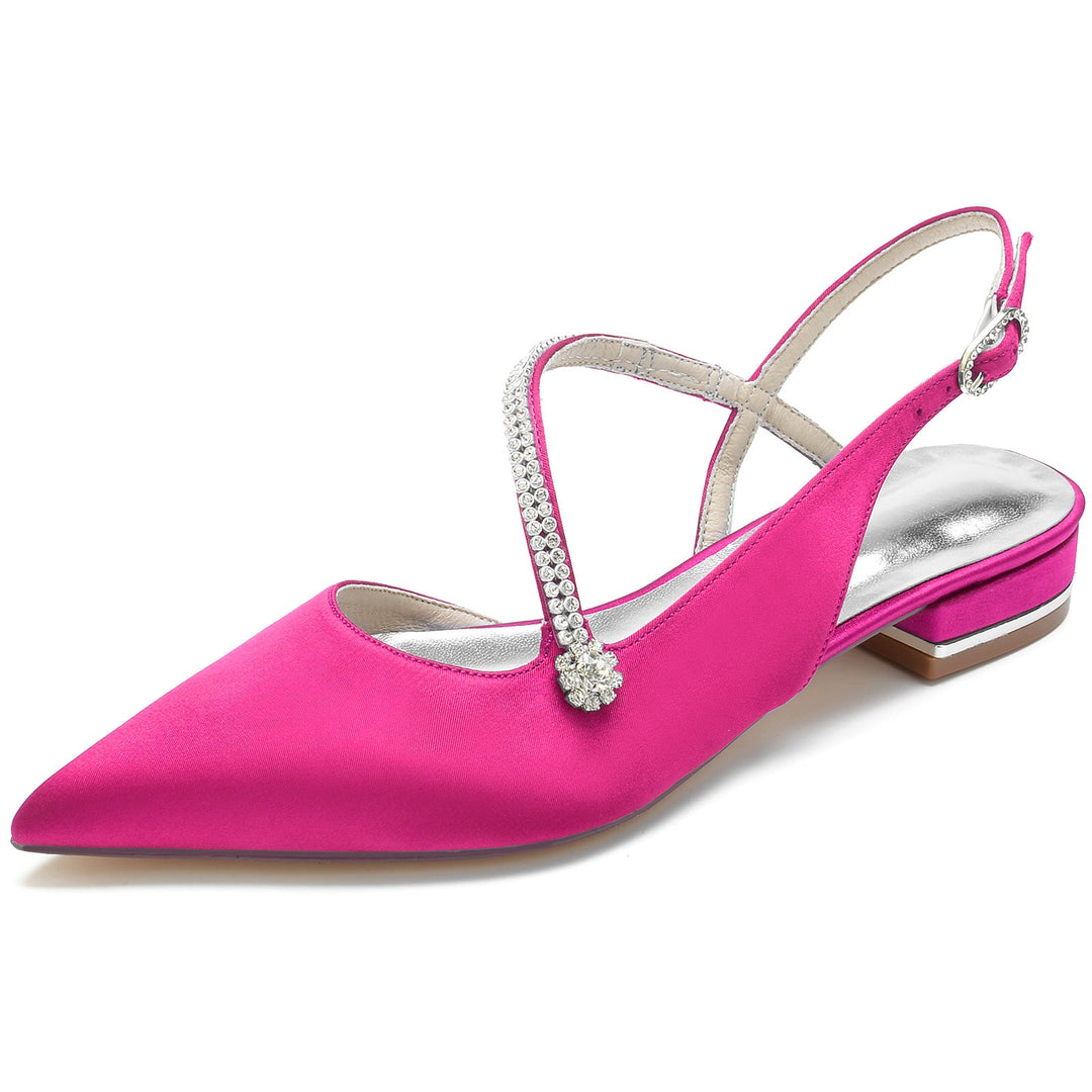 Chaussures de Mariage pour Femmes en Satin Cristal Talon Bas Bout Fermé Boucle Chaussures de Mariée