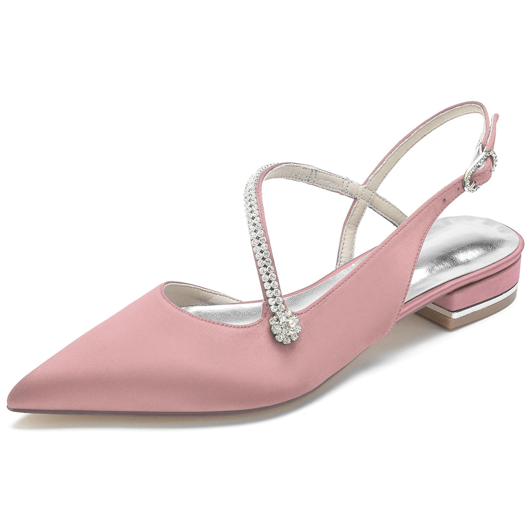 Chaussures de Mariage pour Femmes en Satin Cristal Talon Bas Bout Fermé Boucle Chaussures de Mariée