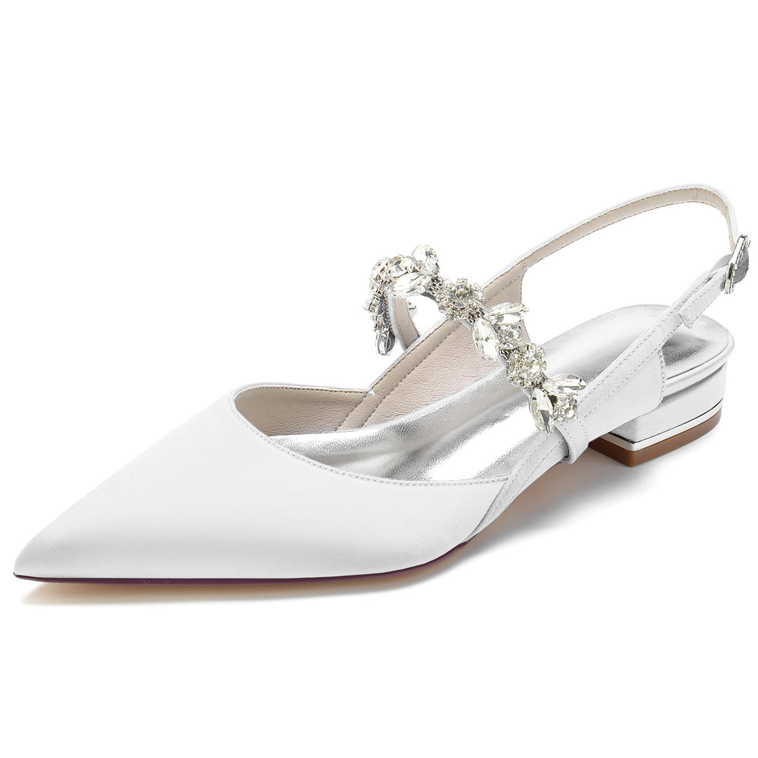 Chaussures de Mariage pour Femmes en Satin de Soie Strass Bout Pointu Bas Boucle Chaussures de Mariée