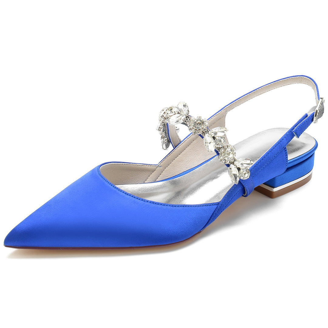 Chaussures de Mariage pour Femmes en Satin de Soie Strass Bout Pointu Bas Boucle Chaussures de Mariée