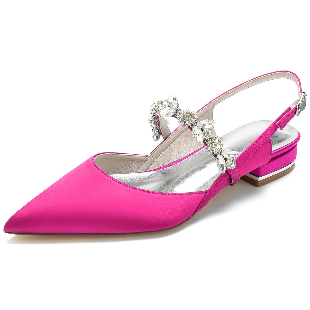 Chaussures de Mariage pour Femmes en Satin de Soie Strass Bout Pointu Bas Boucle Chaussures de Mariée