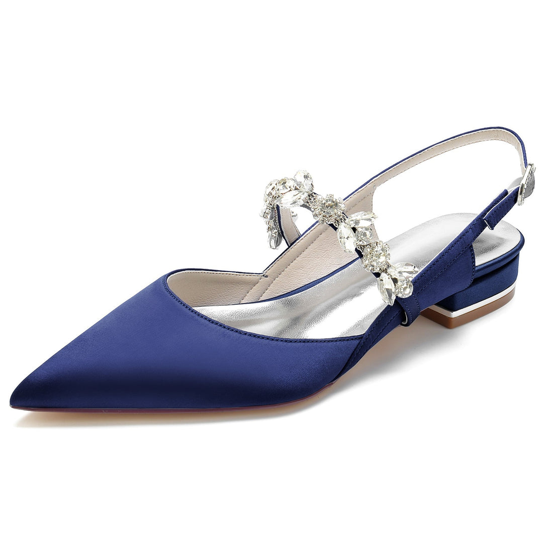 Chaussures de Mariage pour Femmes en Satin de Soie Strass Bout Pointu Bas Boucle Chaussures de Mariée