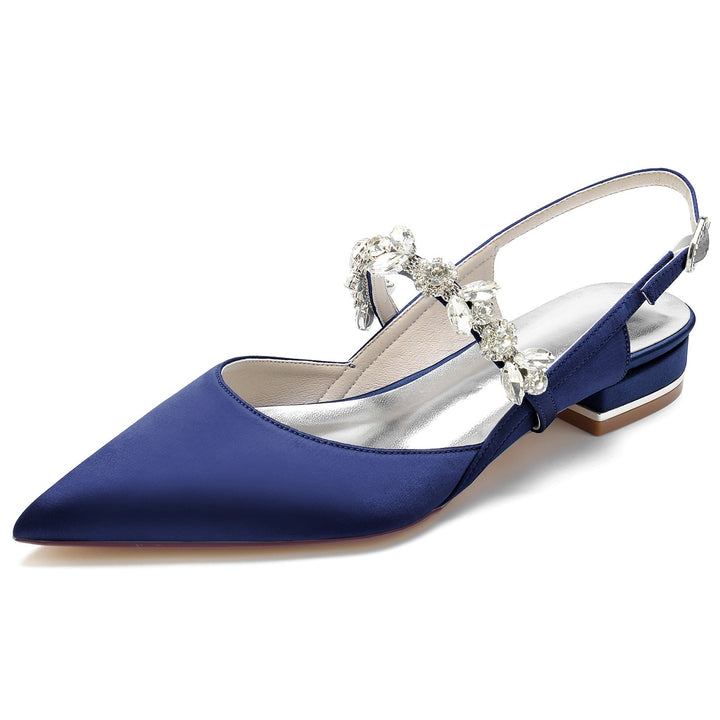 Chaussures de Mariage pour Femmes en Satin de Soie Strass Bout Pointu Bas Boucle Chaussures de Mariée