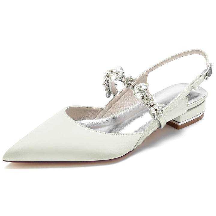 Chaussures de Mariage pour Femmes en Satin de Soie Strass Bout Pointu Bas Boucle Chaussures de Mariée