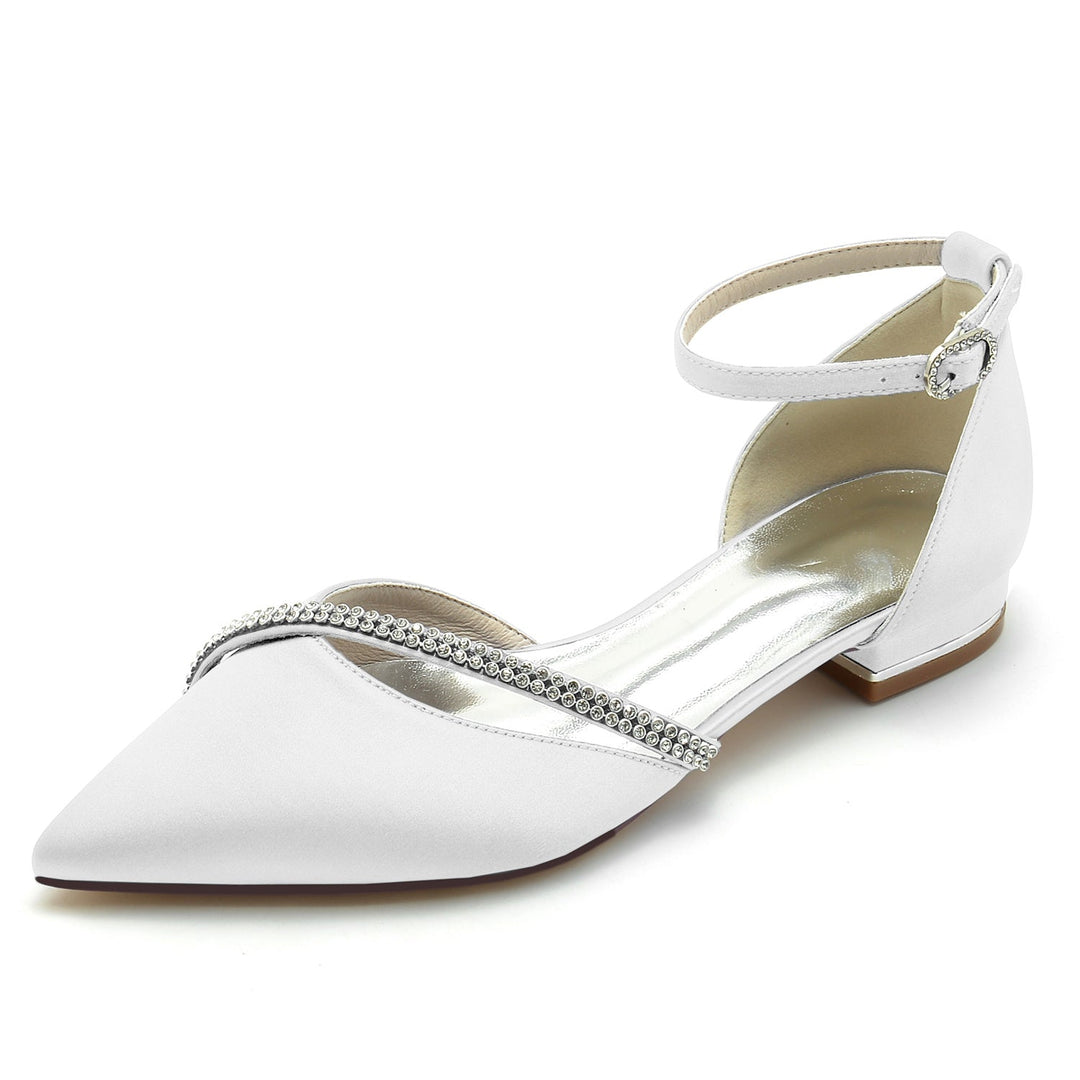 Chaussures de Mariage pour Femmes en Satin de Soie Bleu Royal avec Strass et Bout Pointu et Boucle Basse
