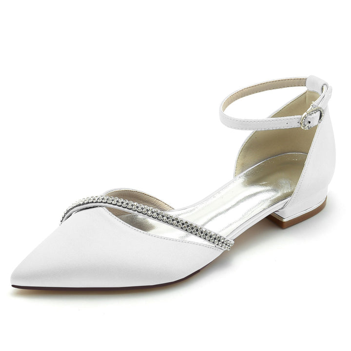 Chaussures de Mariage pour Femmes en Satin de Soie Bleu Royal avec Strass et Bout Pointu et Boucle Basse