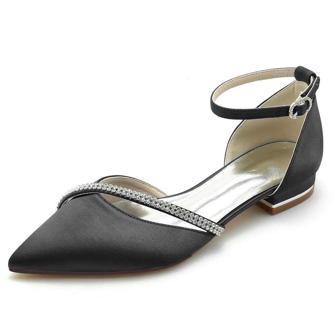 Chaussures de Mariage pour Femmes en Satin de Soie Bleu Royal avec Strass et Bout Pointu et Boucle Basse