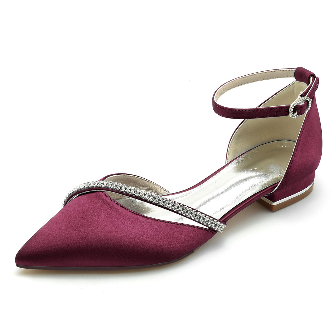 Chaussures de Mariage pour Femmes en Satin de Soie Bleu Royal avec Strass et Bout Pointu et Boucle Basse