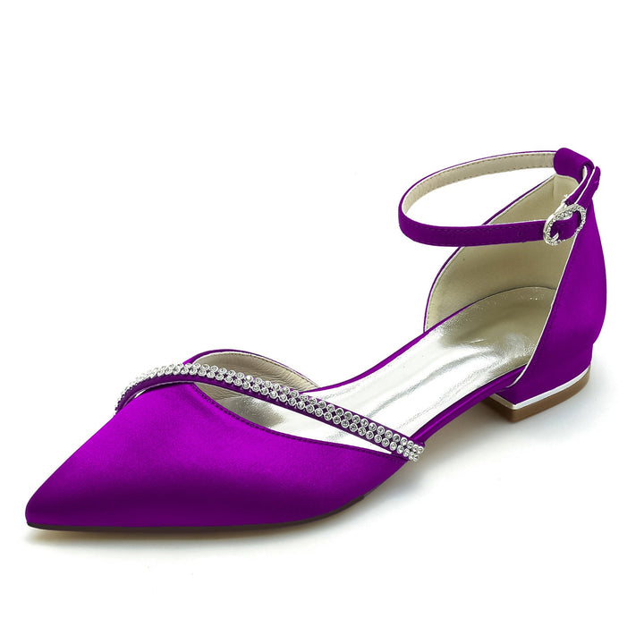 Chaussures de Mariage pour Femmes en Satin de Soie Bleu Royal avec Strass et Bout Pointu et Boucle Basse