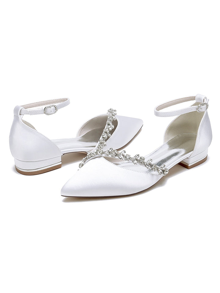 Chaussures de Mariage pour Femmes, Chaussures de Mariée à Talons Bas et Bout Pointu avec Strass