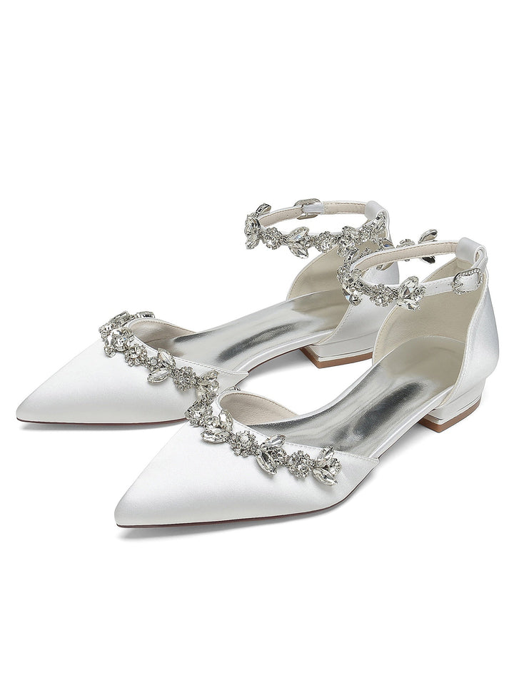 Chaussures de Demoiselle D'Honneur à Talon Bas et Bout Pointu en Strass pour Femmes