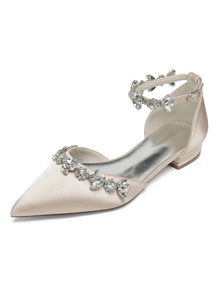 Chaussures de Demoiselle D'Honneur à Talon Bas et Bout Pointu en Strass pour Femmes