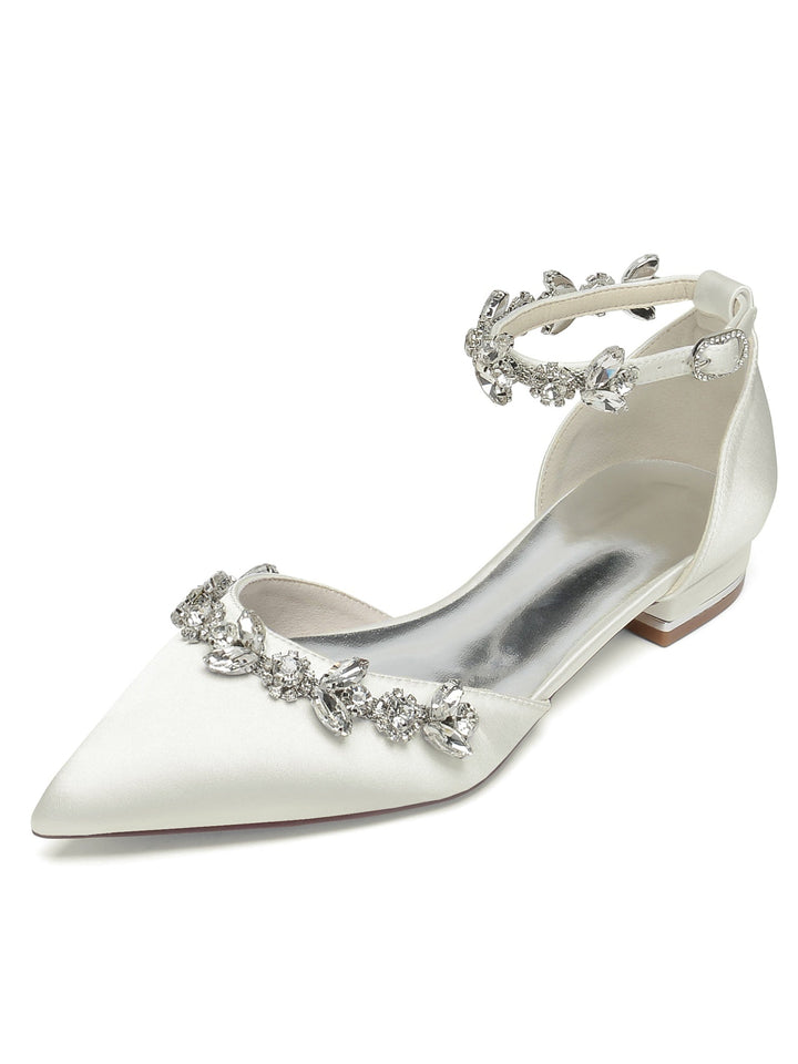 Chaussures de Demoiselle D'Honneur à Talon Bas et Bout Pointu en Strass pour Femmes