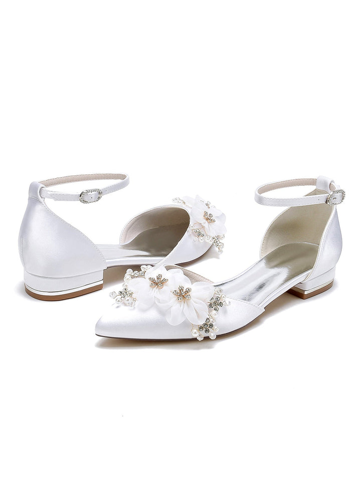 Chaussures de Mariage pour Femmes, Chaussures de Demoiselle D'Honneur à Talons Bas et Bout Pointu avec Strass