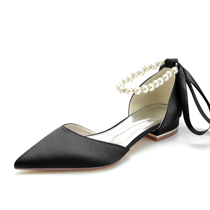Chaussures de Mariage pour Femmes à Bout Fermé avec Perles et Talons Bas en Satin de Soie et Nœud