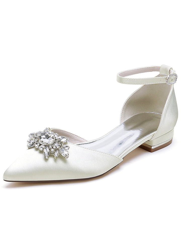 Chaussures de Demoiselle D'Honneur à Talon Bas et Bout Pointu en Strass pour Femmes