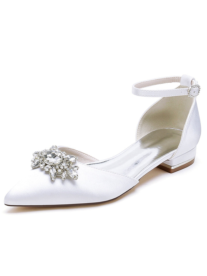 Chaussures de Demoiselle D'Honneur à Talon Bas et Bout Pointu en Strass pour Femmes