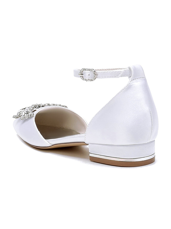 Chaussures de Demoiselle D'Honneur à Talon Bas et Bout Pointu en Strass pour Femmes