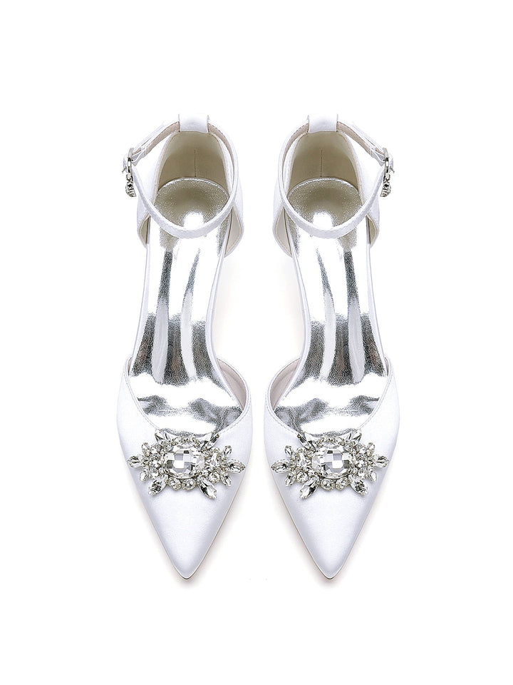 Chaussures de Demoiselle D'Honneur à Talon Bas et Bout Pointu en Strass pour Femmes