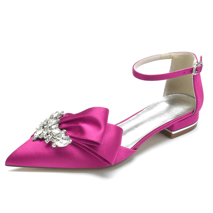 Chaussures de Mariage pour Femmes en Satin de Soie Blanc avec Strass et Nœud à Bout Pointu
