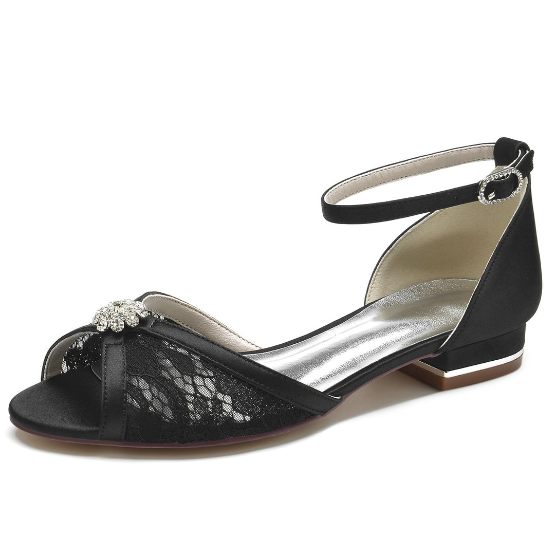 Chaussures de Mariage pour Femmes en Satin de Soie avec Dentelle et Strass, Chaussures de Mariée à Bout Ouvert et Boucle