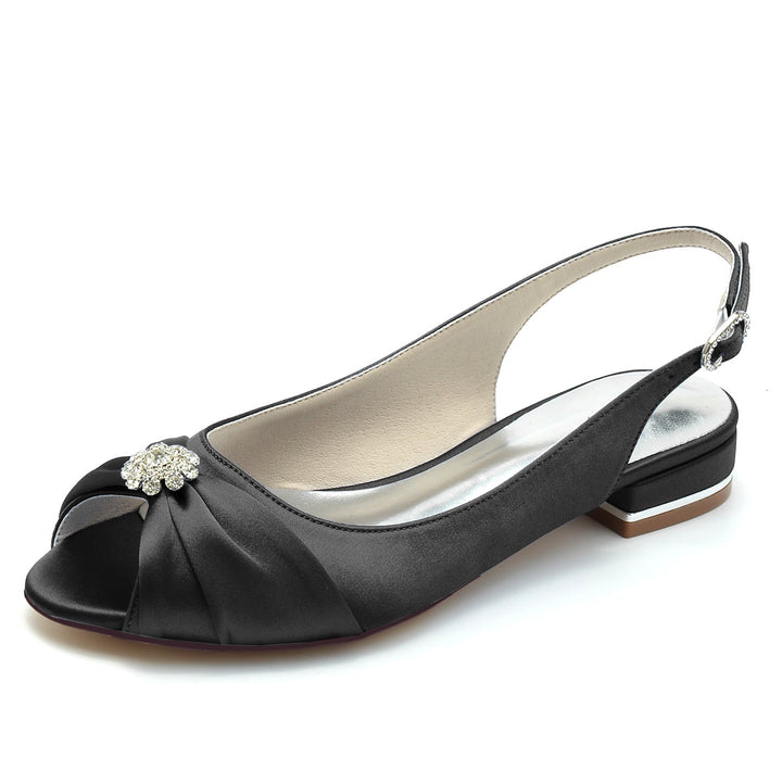 Chaussures de Mariage pour Femmes en Satin de Soie avec Fleur en Cristal et Boucle à Bout Ouvert