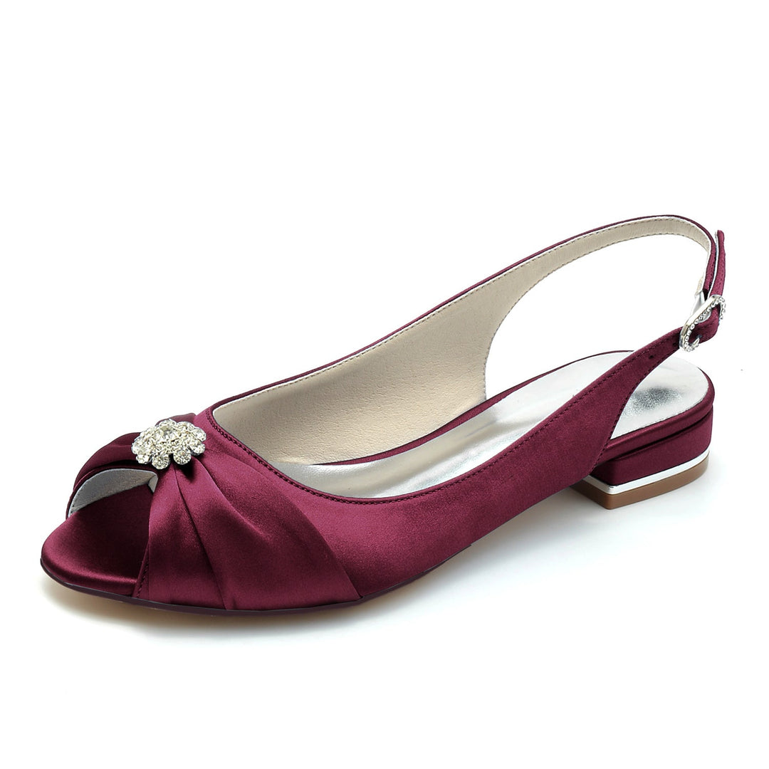 Chaussures de Mariage pour Femmes en Satin de Soie avec Fleur en Cristal et Boucle à Bout Ouvert