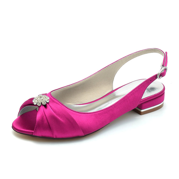 Chaussures de Mariage pour Femmes en Satin de Soie avec Fleur en Cristal et Boucle à Bout Ouvert