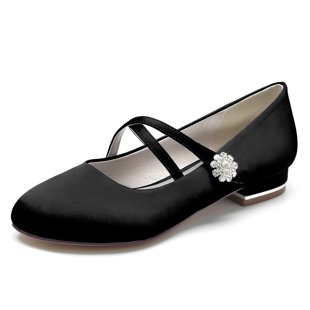 Chaussures de Mariage pour Femmes en Satin de Soie Strass Bout Fermé Bas Boucle Mary Jane Chaussures de Mariée