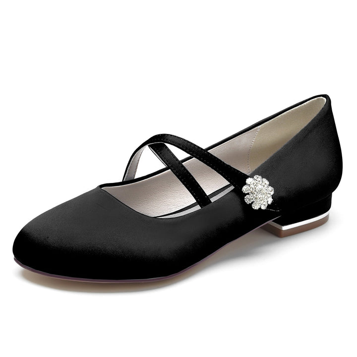 Chaussures de Mariage pour Femmes en Satin de Soie Strass Bout Fermé Bas Boucle Mary Jane Chaussures de Mariée
