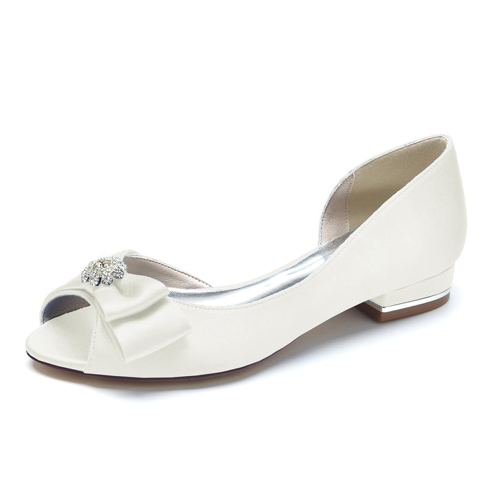 Chaussures de Mariage pour Femmes, Chaussures de Mariée à Bout Ouvert avec Strass et Nœud en Satin de Soie
