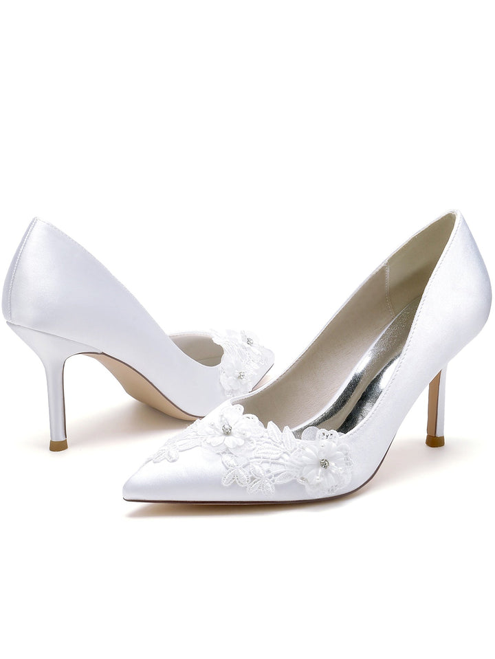 Chaussures de Mariée à Bout Pointu et Talon Aiguille en Dentelle pour Femmes