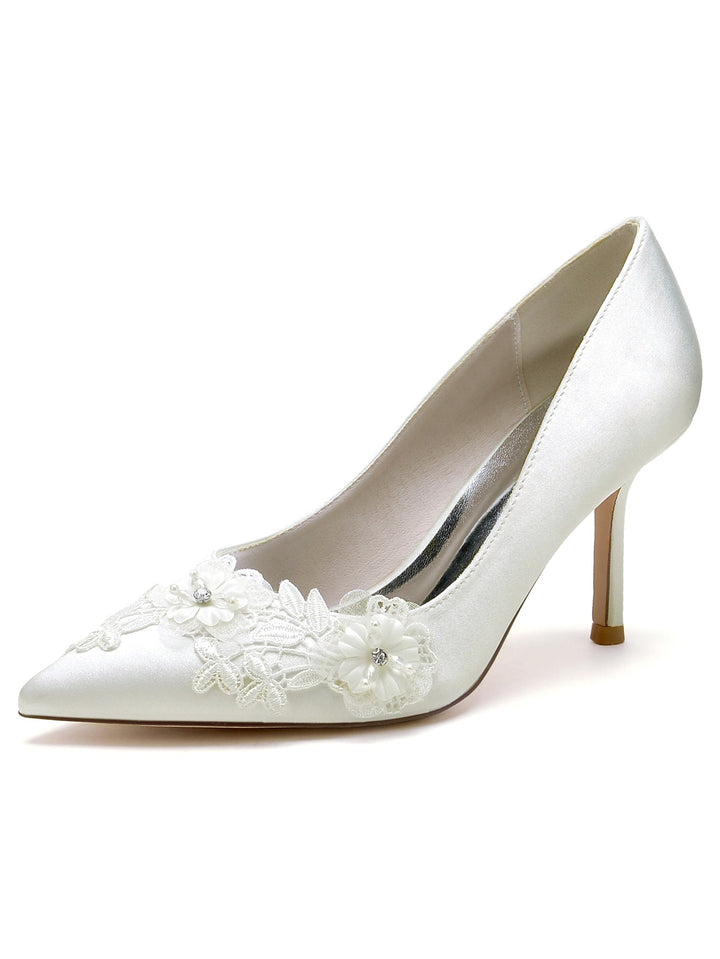 Chaussures de Mariée à Bout Pointu et Talon Aiguille en Dentelle pour Femmes