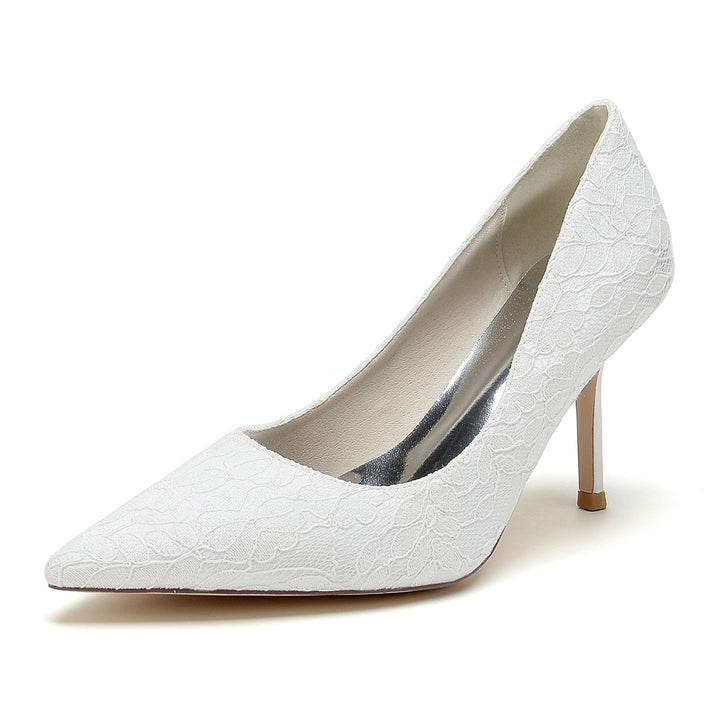 Chaussures de Mariée Minimalistes à Talon Aiguille et Bout Pointu en Satin de Soie et Dentelle pour Femmes