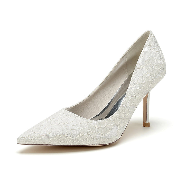 Chaussures de Mariée Minimalistes à Talon Aiguille et Bout Pointu en Satin de Soie et Dentelle pour Femmes