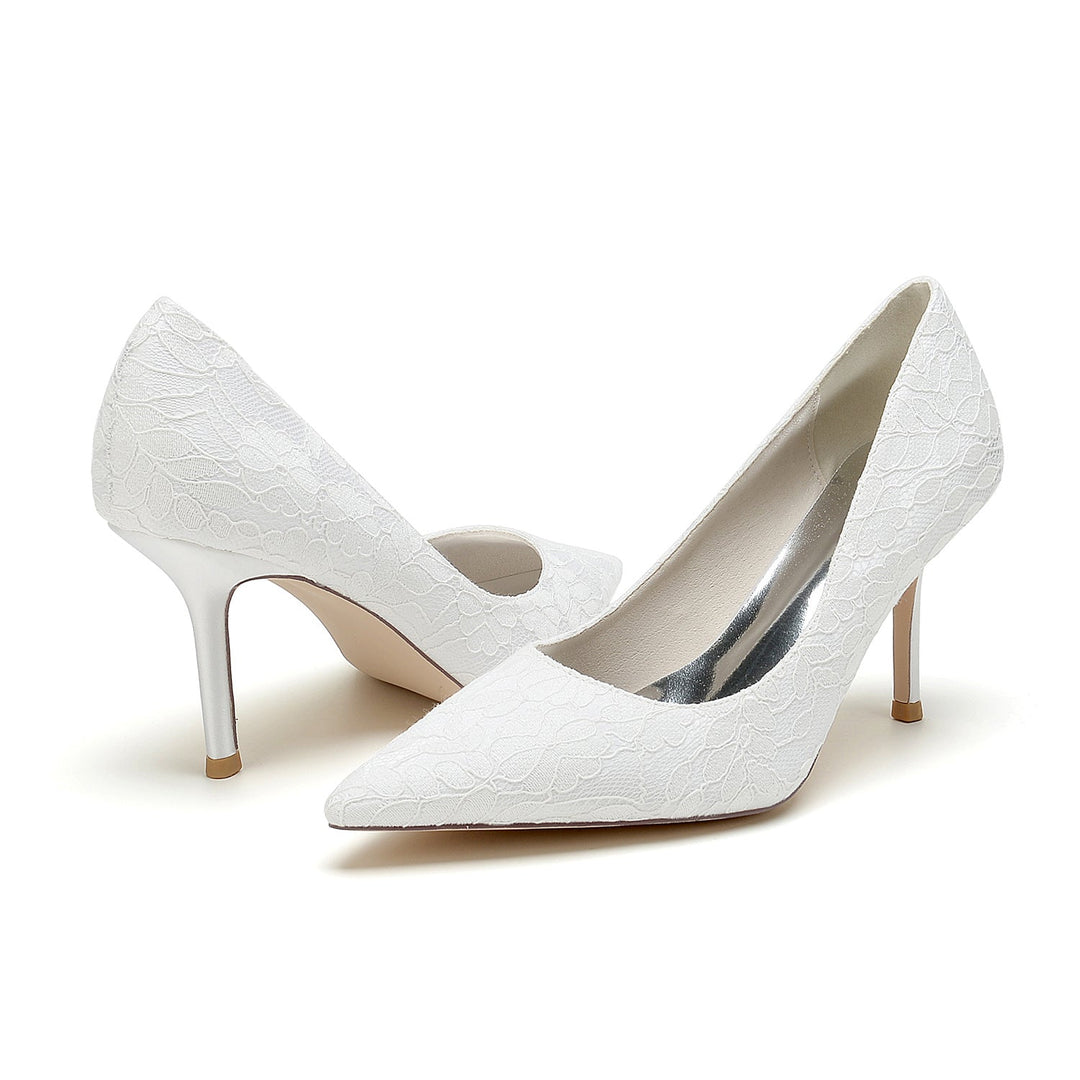Chaussures de Mariée Minimalistes à Talon Aiguille et Bout Pointu en Satin de Soie et Dentelle pour Femmes