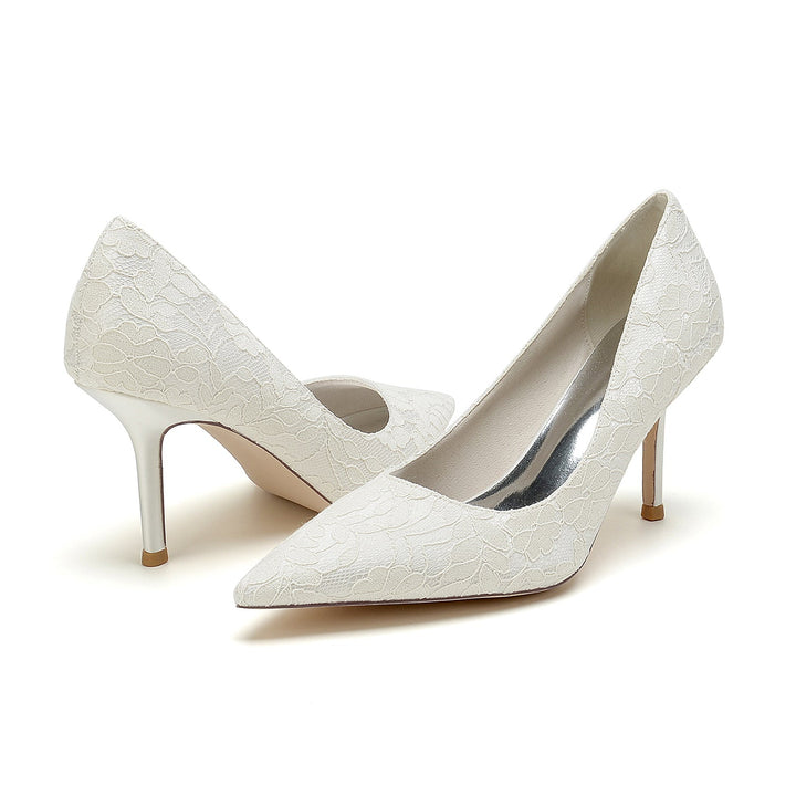 Chaussures de Mariée Minimalistes à Talon Aiguille et Bout Pointu en Satin de Soie et Dentelle pour Femmes