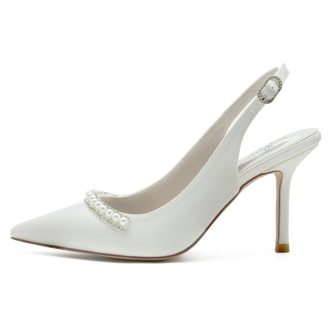Chaussures de Mariage pour Femmes en Satin de Soie Blanc Perle Talon Aiguille Bout Pointu Boucle Chaussures de Mariée