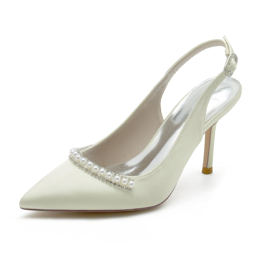 Chaussures de Mariage pour Femmes en Satin de Soie Blanc Perle Talon Aiguille Bout Pointu Boucle Chaussures de Mariée