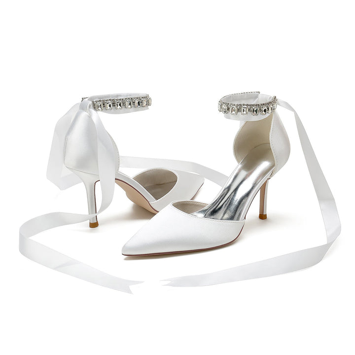 Chaussures de Mariage pour Femmes à Bout Pointu et Talon Aiguille avec Boucle et Nœud en Strass
