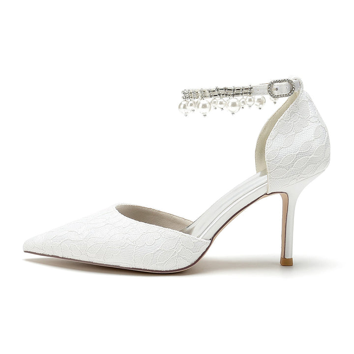Chaussures de Mariage pour Femmes en Dentelle Perlée à Bout Pointu et Talon Aiguille avec Boucle